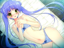 Rule 34 | 1girl, amane sou, blue ribbon, blush, bra, double bun, flat chest, floating hair, from above, game cg, hair bun, hime x hime, long hair, looking at viewer, lying, navel, official art, on back, open mouth, panties, purple hair, ribbon, shiny skin, solo, striped bra, striped clothes, striped panties, takamura honami, twintails, underwear, underwear only, very long hair, yellow eyes