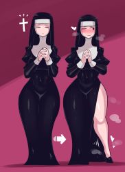 Rule 34 | 1girl, absurdres, arrow (symbol), blush, breasts, commentary request, cross, curvy, habit, heart, high heels, highres, legs, long legs, looking to the side, minami aomori, multiple views, nun, one eye closed, original, own hands together, pink background, shadow, simple background, smile, steam, sweat, thick thighs, thighs, wide hips
