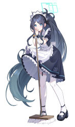 Rule 34 | 1girl, absurdres, apron, aris (blue archive), aris (maid) (blue archive), black dress, black footwear, black hair, blue archive, blue eyes, blush, charm (object), closed mouth, commentary, dress, full body, garter straps, halo, highres, holding, holding mop, leimimomomo, long hair, looking at viewer, maid, maid apron, maid headdress, mary janes, mop, parted bangs, petticoat, pigeon-toed, ponytail, puffy short sleeves, puffy sleeves, ringed eyes, shoes, short sleeves, sidelocks, simple background, smile, solo, standing, thighhighs, very long hair, white apron, white background, white thighhighs, wrist cuffs