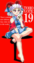 Rule 34 | 1girl, barefoot, blue dress, blush, breasts, commentary request, curled horns, curly hair, detached sleeves, dress, earrings, english text, eye print, figure four sitting, food, full body, holding, holding food, horizontal pupils, horn ornament, horn ribbon, horns, jewelry, looking at food, meandros, medium bangs, medium breasts, onigiri, open mouth, patterned clothing, pointy ears, rectangular pupils, red background, red eyes, red horns, red sleeves, ribbon, sharp teeth, sheep horns, shimaya naokazu, short hair, simple background, sitting, solo, teeth, touhou, toutetsu yuuma, white hair