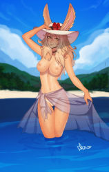 Rule 34 | 1girl, bikini tan, black choker, blonde hair, blue sky, blush, breasts, choker, closed mouth, day, distr, ears through headwear, female pubic hair, final fantasy, final fantasy xiv, flower, hand on headwear, hat, hat flower, highres, large breasts, long hair, looking at viewer, nipples, nude, ocean, outdoors, pubic hair, pussy, red flower, sarong, signature, sky, smile, solo, sun hat, tan, tanline, thigh gap, viera, wading, warrior of light (ff14), white hat, yellow eyes