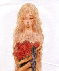 Rule 34 | 1girl, amano yoshitaka design, bandana, blonde hair, celes chere, commentary request, closed eyes, final fantasy, final fantasy vi, flower, jewelry, long hair, necklace, oju (ouka), solo