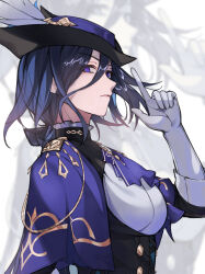 Rule 34 | 1girl, ascot, black corset, blue hair, breasts, cape, clorinde (genshin impact), closed mouth, corset, dark blue hair, elbow gloves, epaulettes, finger gun, fold-over gloves, from side, genshin impact, gloves, hair between eyes, hashtag-only commentary, hat, hat feather, highres, kureo, large breasts, long hair, long hair between eyes, looking at viewer, purple ascot, purple cape, purple eyes, shirt, tricorne, upper body, white gloves, white shirt, zoom layer