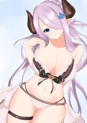 Rule 34 | 10s, 1girl, alternate costume, alternate hairstyle, arm behind back, bare arms, bare shoulders, bikini, blue eyes, braid, breasts, cleavage, collarbone, demon horns, double bun, draph, earrings, gluteal fold, granblue fantasy, hair ornament, hair over one eye, hair over shoulder, hand on own chest, heart, heart-shaped pupils, highleg, highleg bikini, highres, horns, jewelry, large breasts, light purple hair, lock, long hair, looking at viewer, narmaya (granblue fantasy), narmaya (summer) (granblue fantasy), navel, pointy ears, side-tie bikini bottom, smile, solo, stomach, strap pull, swimsuit, symbol-shaped pupils, thigh strap, thighs, twin braids, twintails, white bikini, yutarahha