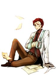 Rule 34 | 1boy, arm sling, arm support, bad id, bad pixiv id, bandages, belt, black necktie, brown footwear, brown pants, bruise, burnt, cast, gloves, gun sling, hongcha (roels), injury, lab coat, male focus, necktie, pants, paper, red hair, roels, scp foundation, shoes, sitting, solo, white background, white gloves