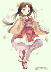 Rule 34 | 1girl, 2015, absurdres, bell, black hair, bun cover, cherry blossoms, choker, closed mouth, collarbone, dated, double bun, full body, geta, grey pantyhose, hair bun, hair intakes, hands up, highres, japanese clothes, jingle bell, long hair, long sleeves, pantyhose, puchiman, red choker, red eyes, rune factory, rune factory 3, sakuya (rune factory), sidelocks, smile, socks, solo, tabi, twitter username, white socks, wide sleeves