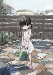 Rule 34 | 1girl, absurdres, arikomen, bare arms, bare shoulders, black hair, blue sky, blush, brown eyes, collared dress, day, dress, fence, full body, grass, highres, holding, looking at viewer, original, outdoors, parted lips, pink footwear, sandals, short twintails, sky, sleeveless, sleeveless dress, solo, sweat, twintails, watering can, white dress