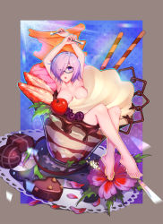 Rule 34 | 1girl, arms up, barefoot, black-framed eyewear, breasts, breasts apart, candy, cherry, chocolate, chocolate heart, cleavage, crossed legs, fate/grand order, fate (series), flower, food, fruit, glasses, hair over one eye, heart, highres, ice cream, legs, mash kyrielight, nude, oversized object, parfait, pgdg, purple eyes, purple hair, semi-rimless eyewear, short hair, solo, spoon, strawberry