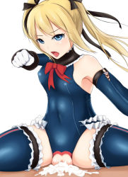 Rule 34 | 1girl, blonde hair, blue eyes, blue thighhighs, breasts, censored, cum, cum in pussy, cum overflow, dead or alive, dead or alive 5, detached sleeves, fat mons, girl on top, gloves, hair ribbon, incoming attack, incoming punch, leotard, long hair, looking at viewer, marie rose, mosaic censoring, open mouth, penis, punching, pussy, ribbon, sex, small breasts, solo focus, thighhighs, thighs, tsuyurijuu, twintails, vaginal, white gloves, wide-eyed