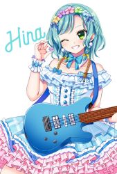 Rule 34 | 1girl, ;), aqua hair, bang dream!, blue bow, blue bowtie, blue dress, blue flower, blush, bow, bowtie, braid, center frills, character name, collarbone, detached collar, dress, earrings, electric guitar, flower, frilled cuffs, frilled dress, frills, green eyes, green flower, grin, guitar, hair bow, hair flower, hair ornament, hair ribbon, hikawa hina, holding, holding plectrum, instrument, jewelry, mio (melchi), one eye closed, pink flower, plectrum, pom pom (clothes), pom pom earrings, purple flower, ribbon, short hair, side braids, simple background, smile, solo, striped ribbon, white background, wrist cuffs, yellow bow, yellow flower