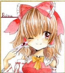 Rule 34 | 1girl, bow, bowtie, breasts, brown hair, character name, closed eyes, collared shirt, detached sleeves, frilled bow, frilled hair tubes, frilled shirt collar, frills, hair bow, hair tubes, hakurei reimu, hlding, light smile, looking at viewer, medium hair, one eye closed, painting (medium), red bow, red eyes, red ribbon, red shirt, ribbon, ribbon-trimmed sleeves, ribbon trim, shirt, sleeveless, sleeveless shirt, small breasts, solo, totoki mea, touhou, traditional media, upper body, watercolor (medium), white background, wide sleeves, yellow bow, yellow bowtie, yin yang, yin yang print