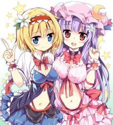 Rule 34 | 2girls, alice margatroid, blonde hair, blue eyes, blush, breast press, breasts, choker, cleavage, flower, frilled skirt, frills, gradient background, hair flower, hair ornament, hairband, hat, jpeg artifacts, long hair, maturiuta sorato, multiple girls, navel, patchouli knowledge, purple hair, red eyes, shawl, skirt, small breasts, smile, star (symbol), touhou, wrist cuffs