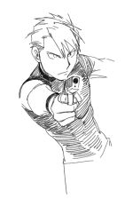 Rule 34 | 1boy, aiming, black shirt, blackfoxes, finger on trigger, frown, fullmetal alchemist, genderswap, genderswap (ftm), greyscale, gun, handgun, highres, looking away, male focus, monochrome, outstretched arm, pistol, pointing, pointing weapon, riza hawkeye, shirt, short hair, simple background, weapon, white background