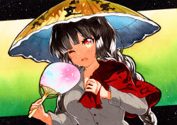Rule 34 | 1girl, ajirogasa, bad id, bad pixiv id, black hair, blush, braid, breasts, buttons, capelet, collarbone, collared shirt, dress, dress shirt, gradient background, green background, grey dress, grey shirt, hand fan, hat, holding, holding fan, long hair, looking at viewer, medium breasts, one eye closed, open mouth, qqqrinkappp, red eyes, ribbon, shirt, solo, touhou, traditional media, twin braids, upper body, yatadera narumi
