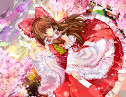 Rule 34 | 1girl, arm ribbon, ascot, bow, brown hair, card, city, detached sleeves, artistic error, frilled skirt, frilled sleeves, frills, full moon, hair bow, hair tubes, hakurei reimu, highres, holding, holding card, hongmao, lens flare, light rays, light smile, long sleeves, looking to the side, moon, nontraditional miko, ofuda, parted lips, petals, purple moon, ribbon, skirt, sleeveless, solo, star (symbol), sunlight, talismans, touhou, wind, wire