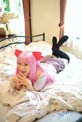 Rule 34 | 1girl, asian, bed, bedroom, black thighhighs, chippi, color contacts, cosplay, feet, highres, indoors, long hair, looking at viewer, lying, munakata shiho, munakata shiho (cosplay), my-hime, on stomach, photo (medium), pink hair, school uniform, solo, thighhighs