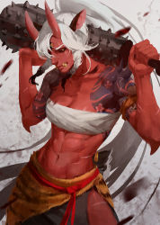 Rule 34 | 1girl, abs, black sclera, breasts, cleavage, collarbone, colored sclera, colored skin, commentary, commission, english commentary, closed eyes, fangs, fangs out, high ponytail, looking at viewer, martasketch, medium breasts, muscle, muscular, muscular female, navel, oni, original, red skin, sarashi, solo, white hair, yellow eyes