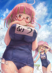 Rule 34 | &gt; &lt;, 2girls, ahoge, bare arms, bare legs, bare shoulders, black one-piece swimsuit, blush, breasts, closed mouth, covered navel, glasses, green hair, kantai collection, large breasts, long hair, momo (kancolle), multicolored hair, multiple girls, name tag, one-piece swimsuit, open mouth, orange eyes, pink-framed eyewear, pink hair, semi-rimless eyewear, short hair, smile, swimsuit, toka (marchlizard), twintails, ume (kancolle)