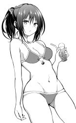 Rule 34 | 1girl, arm at side, bad id, bad twitter id, bare arms, bare legs, bare shoulders, bikini, bow, breasts, cleavage, cup, drinking straw, gluteal fold, greyscale, groin, hair between eyes, hair bow, hakurei reimu, hand up, highres, holding, holding cup, hyurasan, ice, ice cube, looking at viewer, lowleg, lowleg bikini, medium breasts, monochrome, navel, parted lips, ponytail, simple background, solo, swimsuit, touhou, white background, yin yang