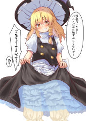 Rule 34 | 1girl, black hat, black skirt, blonde hair, bloomers, blush, braid, clenched teeth, clothes lift, commentary request, hat, highres, kirisame marisa, lifted by self, long hair, looking at viewer, mukkushi, puffy short sleeves, puffy sleeves, short sleeves, simple background, single braid, skirt, skirt lift, solo, speech bubble, teeth, they&#039;re not panties, touhou, translation request, underwear, white background, witch hat, yellow eyes