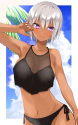 Rule 34 | 1girl, arm up, bikini, black bikini, blue sky, blush, bob cut, breasts, closed mouth, cloud, cloudy sky, commentary, dark-skinned female, dark skin, day, frown, gomashi (goma), halterneck, large breasts, looking at viewer, navel, original, outdoors, outline, outside border, palm tree, purple eyes, side-tie bikini bottom, silver hair, sky, solo, standing, swimsuit, tree, white outline