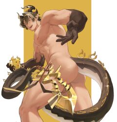 Rule 34 | 1boy, abs, absurdres, arknights, ass, back, bara, black hair, chong yue (arknights), completely nude, dragon boy, dragon horns, dragon tail, earrings, erection, haruki (haruki096), highres, horns, jewelry, large pectorals, male focus, multicolored hair, muscular, muscular male, nipples, nude, open mouth, pectorals, penis, pointy ears, short hair, smile, solo, tail, testicles, thick thighs, thighs, two-tone hair, white hair