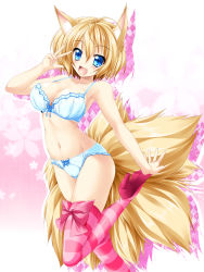 Rule 34 | 1girl, animal ears, antenna hair, blonde hair, blue bra, blue eyes, blue panties, blush, bra, breasts, fox ears, fox tail, highres, kamiya tomoe, large breasts, looking at viewer, multiple tails, no headwear, open mouth, panties, pink thighhighs, short hair, solo, striped clothes, striped thighhighs, tail, thighhighs, touhou, underwear, v, yakumo ran