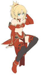Rule 34 | 1girl, black thighhighs, blonde hair, braid, breasts, cleavage, commentary request, detached sleeves, fate/grand order, fate (series), green eyes, hair ornament, long hair, looking at viewer, medium breasts, mordred (fate), mordred (fate/apocrypha), navel, ponytail, red footwear, red scrunchie, red sleeves, scrunchie, shiseki hirame, simple background, solo, thighhighs, white background