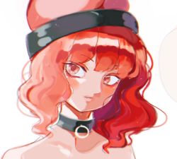 Rule 34 | 1girl, bare shoulders, black choker, black headwear, choker, closed mouth, collarbone, comkdom, hair between eyes, hecatia lapislazuli, looking to the side, medium hair, red eyes, red hair, simple background, solo, touhou, underworld (ornament), upper body, white background
