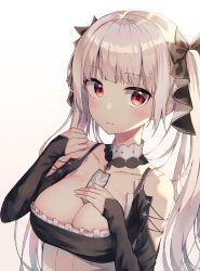 Rule 34 | 1girl, absurdres, azur lane, bare shoulders, between breasts, black dress, blush, breasts, cleavage, closed mouth, collar, collarbone, cross-laced clothes, dress, dustea, formidable (azur lane), frilled dress, frills, hair ribbon, hand on own chest, hand up, highres, large breasts, long hair, looking at viewer, red eyes, ribbon, simple background, solo, twintails, two-tone background, two-tone dress, upper body, white background