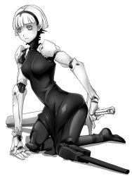 Rule 34 | 1girl, android, character request, cyborg, grey eyes, greyscale, mecha, monochrome, robot, science fiction, sidonia no kishi, simple background, solo, sword, toxin (sidonia no kishi), virtues, weapon, white hair