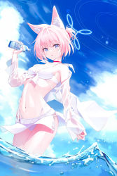 Rule 34 | 1girl, absurdres, animal ear fluff, animal ears, bikini, blue archive, blue eyes, blue sky, bottle, breasts, choker, cloud, day, dice gt, hair tie, halo, hand up, highleg, highleg bikini, highres, holding, holding bottle, long sleeves, looking at viewer, navel, niko (blue archive), ocean, open clothes, open shirt, outdoors, parted lips, pink hair, red choker, see-through, short hair, sky, sleeves past wrists, small breasts, solo, standing, stomach, swimsuit, wading, wet, white bikini