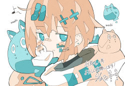 Rule 34 | 1girl, absurdres, aqua eyes, bandaid, bandaid on face, bandaid on nose, blush, brown hair, earrings, hair ornament, haru57928031, highres, jewelry, limited palette, looking at viewer, mouth hold, original, portrait, short hair, solo