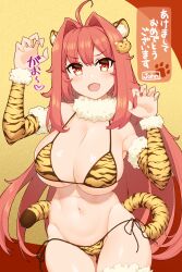 Rule 34 | 1girl, absurdres, ahoge, animal ear fluff, animal print, bikini, blush, breasts, fang, hair intakes, highres, john (nakoto), large breasts, long hair, looking at viewer, navel, open mouth, original, paw pose, red eyes, red hair, solo, standing, swimsuit, tiger girl, tiger print, tiger stripes