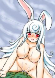 Rule 34 | 1girl, animal ears, blush, breasts, rabbit ears, cleavage, highres, large breasts, long hair, minaha (playjoe2005), nipples, nude, open mouth, red eyes, smile, solo, uncensored