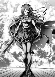 Rule 34 | 1girl, breasts, cape, dress, closed eyes, fire, full body, gloves, granblue fantasy, greyscale, half updo, highres, holding, holding sword, holding weapon, idolmaster, idolmaster cinderella girls, lightning, long hair, medium breasts, ment, monochrome, one side up, open mouth, shaded face, shimamura uzuki, skirt, smile, solo, sword, weapon