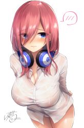Rule 34 | 1girl, arms behind back, bad id, bad pixiv id, blue eyes, blush, breasts, cameltoe, cleavage, closed mouth, collarbone, collared shirt, cowboy shot, dress shirt, frown, go-toubun no hanayome, headphones, headphones around neck, highres, large breasts, leaning forward, long hair, long sleeves, looking away, nakano miku, no pants, nose blush, panties, pink hair, ramchi, see-through, shirt, signature, simple background, solo, spoken blush, standing, sweat, thighs, underwear, wet, wet clothes, wet shirt, white background, white panties, white shirt