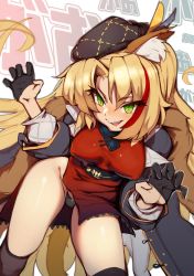 Rule 34 | 1girl, absurdres, animal ears, arknights, black gloves, black headwear, black legwear, black panties, blonde hair, blush, breasts, china dress, chinese clothes, claw pose, coat, commentary, dress, english commentary, feather boa, feathers, gao, gloves, green eyes, grey coat, highres, jacket, japanese text, large breasts, long hair, official alternate costume, open mouth, panties, penguru 086, red dress, smile, swire (arknights), tail, thighs, tiger ears, tiger tail, underwear