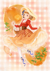 Rule 34 | 1girl, 24 ch, basket, blonde hair, blouse, earrings, flask, food, food-themed clothes, hair ribbon, hat, high heels, highres, honey, jewelry, mint, morinaga (brand), nail polish, original, pancake, personification, petticoat, purple eyes, red shirt, ribbon, ringlets, serious, shirt, skirt, solo, syrup