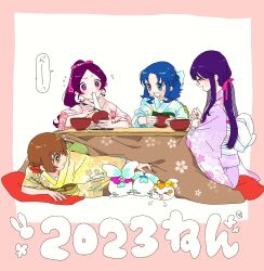 Rule 34 | 2023, 4girls, puff of air, alternate hairstyle, blue eyes, blue hair, blue kimono, bowl, brown eyes, brown hair, chopsticks, chypre (heartcatch precure!), coffret (heartcatch precure!), commentary, eating, flying, furisode, glasses, grin, hair down, hair ribbon, hanabusazmb, hanasaki tsubomi, heartcatch precure!, high ponytail, highres, holding, holding bowl, japanese clothes, kimono, kotatsu, kurumi erika, long hair, long sleeves, looking at another, low ponytail, lying, multiple girls, myoudouin itsuki, new year, obi, on stomach, open mouth, pink eyes, pink hair, pink kimono, pink ribbon, potpourri (heartcatch precure!), precure, purple kimono, ribbon, sakuramon, sash, sidelocks, sitting, smile, symbol-only commentary, table, translated, tsukikage yuri, under kotatsu, under table, wide sleeves, yellow kimono, zouni soup