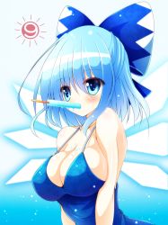 Rule 34 | 1girl, aged up, alternate breast size, blue eyes, blue hair, bow, breasts, circled 9, cirno, food, hair bow, matching hair/eyes, mouth hold, osashin (osada), popsicle, shiny skin, solo, sweat, touhou