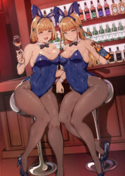 Rule 34 | 2girls, :d, alcohol, alp, animal ears, bare arms, bare shoulders, black bow, black bowtie, blonde hair, blue footwear, blue hairband, blue leotard, bottle, bow, bowtie, braid, breasts, brown pantyhose, check copyright, cleavage, closed mouth, commentary, copyright request, covered navel, cup, detached collar, fake animal ears, hair ornament, hairband, high heels, highleg, highleg leotard, highres, holding, holding bottle, holding cup, large breasts, leotard, long hair, multiple girls, open mouth, original, pantyhose, playboy bunny, rabbit ears, short hair, sitting, smile, symbol-only commentary, thighs, wrist cuffs, yellow eyes