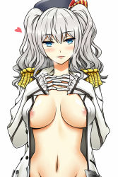 Rule 34 | 10s, 1girl, anchor symbol, areola slip, blue eyes, blush, breasts, buttons, epaulettes, eyebrows, gloves, hair between eyes, hat, heart, highres, kantai collection, kashima (kancolle), large breasts, long hair, long sleeves, looking at viewer, military, military uniform, navel, parted lips, shizuru kochiya, silver hair, smile, solo, sweat, twintails, unbuttoned, uniform, wavy hair
