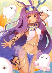 Rule 34 | 1girl, ankh, blunt bangs, breasts, commentary request, dark-skinned female, dark skin, earrings, egyptian, egyptian clothes, facial mark, fate/grand order, fate (series), glint, hairband, hoop earrings, jewelry, long hair, looking at viewer, medium breasts, medjed (fate), navel, nitocris (fate), pelvic curtain, purple eyes, purple hair, revealing clothes, revision, see-through, serino itsuki, sidelocks, solo, very long hair