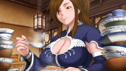 Rule 34 | 1girl, breasts, brown hair, cleavage, closed mouth, detached sleeves, earrings, eating, food, game cg, high ponytail, holding, indoors, jewelry, lantern, large breasts, long hair, looking down, plate, ponytail, red eyes, ryomou shimei (sangoku hime), sangoku hime, sangoku hime 3, sidelocks, sitting, smile, solo, spoon, table, unicorn-a, upper body