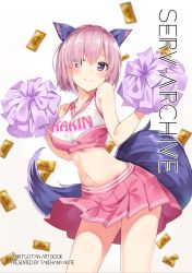 Rule 34 | 1girl, absurdres, animal ear fluff, animal ears, blush, breasts, cheerleader, commentary, fate/grand order, fate (series), highres, mash kyrielight, mash kyrielight (dangerous beast), midriff, navel, official alternate costume, pink skirt, pom pom (cheerleading), purple eyes, purple hair, short hair, skirt, smile, solo, sweat, tail, takehana note, white background, wolf ears, wolf tail