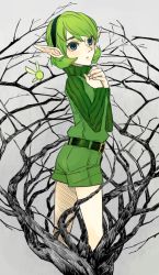 Rule 34 | 1girl, bad id, bad pixiv id, bare tree, belt, blue eyes, branch, cropped legs, fairy, green hair, hairband, hands on own chest, long sleeves, looking at viewer, nintendo, plant, pointy ears, ribbed sweater, saria (zelda), short hair, shorts, standing, sweater, the legend of zelda, the legend of zelda: ocarina of time, tobacco (tabakokobata), tree, turtleneck