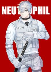 Rule 34 | 1boy, text background, belt, belt pouch, black choker, black necktie, character name, choker, collar, cowboy shot, earpiece, gloves, hataraku saibou, holding, holding sword, holding weapon, id number, katana, looking at viewer, male focus, multiple straps, name tag, necktie, pants, pouch, red background, shirt, solo, swat, sword, utility vest, weapon, white blood cell (hataraku saibou), white gloves, white pants, white shirt, zhineart