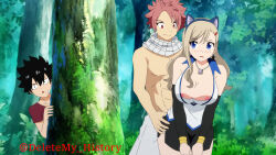 Rule 34 | 1girl, 2boys, absurdres, areola slip, blonde hair, blue eyes, breasts, caught, cheating (relationship), cleavage, clothed sex, eden&#039;s zero, facing viewer, fairy tail, highres, large breasts, multiple boys, natsu dragneel, peeking, public indecency, rebecca bluegarden, sex, sex from behind, shiki granbell, standing, standing sex, thighs