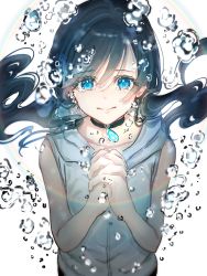 Rule 34 | 1girl, air bubble, amano hina (tenki no ko), bare arms, black choker, black hair, blue eyes, bubble, choker, closed mouth, collarbone, commentary request, gawako, highres, hood, hoodie, lens flare, long hair, own hands clasped, own hands together, simple background, sleeveless, sleeveless hoodie, solo, tearing up, tears, tenki no ko, twintails, upper body, white background, white hoodie